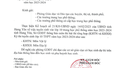 Quyết định vê việc thông báo môn thi trong bài thi tổ hợp kì thi tuyển sinh vào lớp 10 THPT năm học 2023-2024