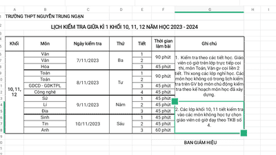 Lịch kiểm tra giữa kì 1 năm học 2023 - 2024