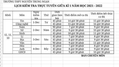 Lịch thi giữa kì 1 năm học 2021-2022
