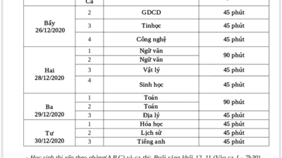 Lịch thi học kì 1 năm học 2020-2021