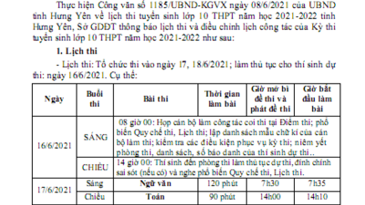 Lịch thi tuyển sinh vào lớp 10 năm học 2021-2022