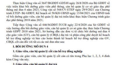 V/v bồi dưỡng mô đun 4 cho giáo viên, cán bộ quản lý đại trà thực hiện chương trình GDPT 2018
