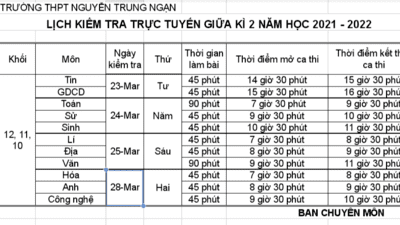 Lịch thi giữa học kì 2 năm học 2021-2022