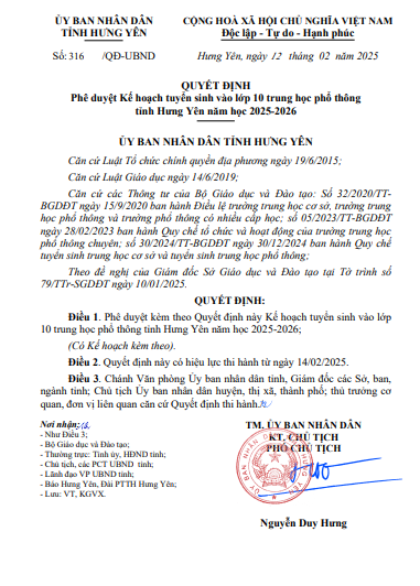 Quyết định Phê duyệt Kế hoạch tuyển sinh vào lớp 10 trung học phổ thông tỉnh Hưng Yên năm học 2025-2026