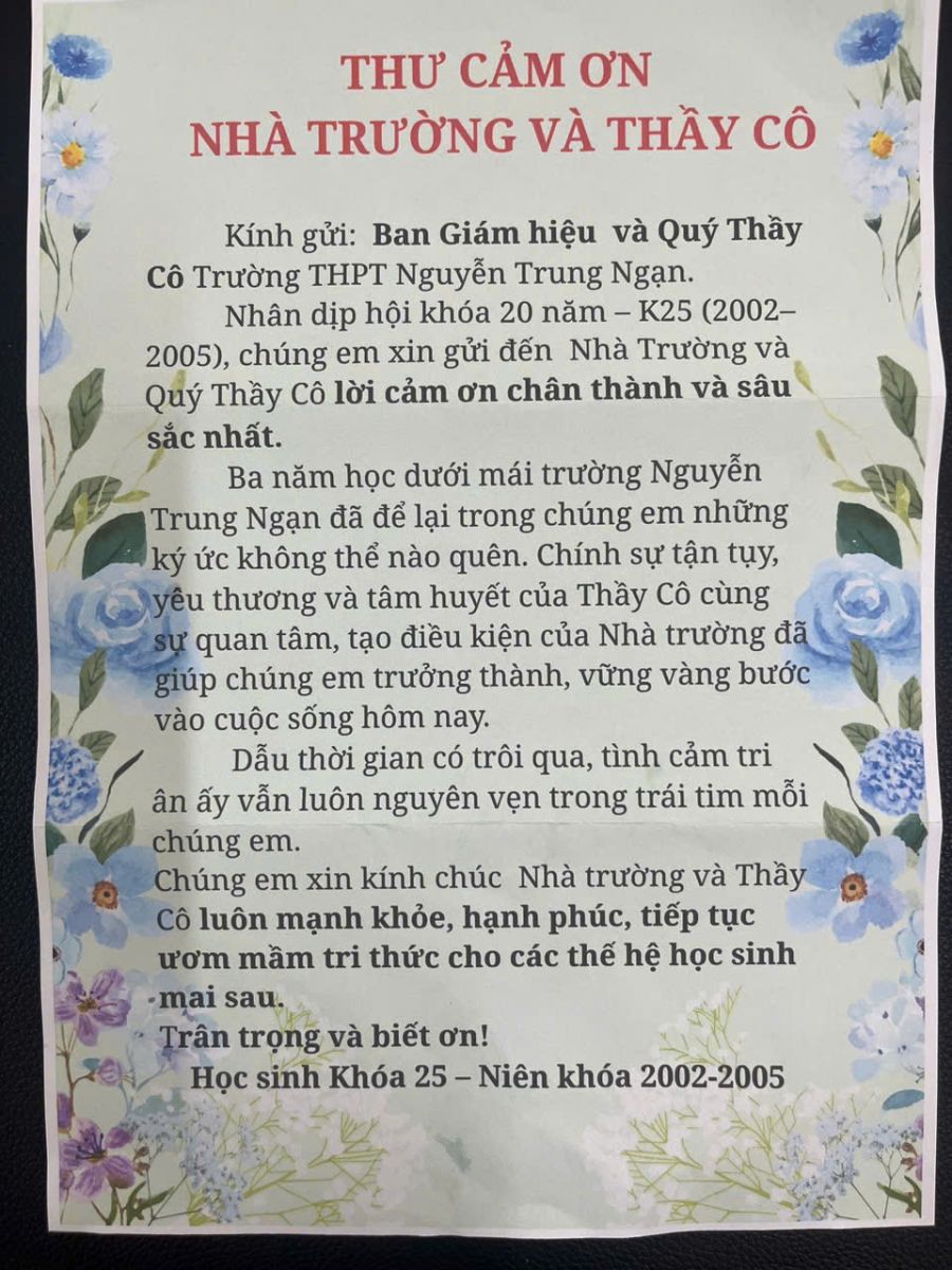 Thư cảm ơn của HS niên khoá 2002-2005